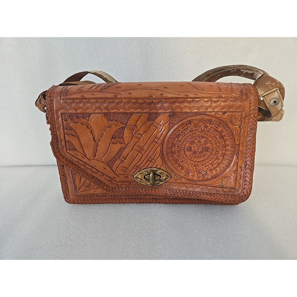 Vintage 60s 70s Reversible Handbag Tooled‎ Leather Cowhide Purse Western